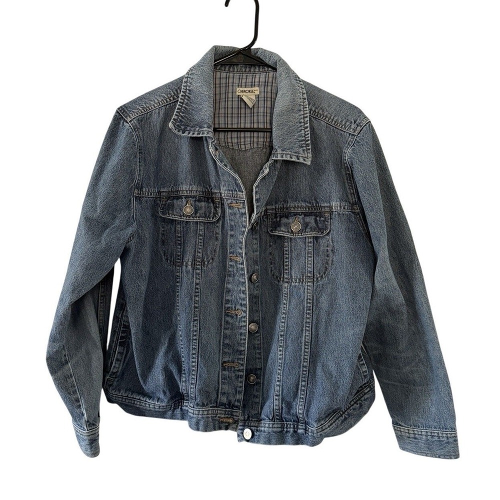 Vintage Cherokee Denim Jean Jacket Women's Large Flannel Lined Button Up